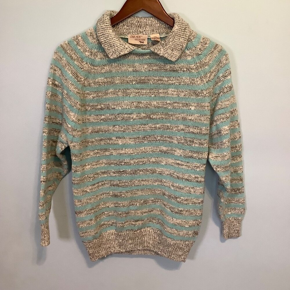 Vintage Fox Collection Striped Sweater Blue Gray Women’s Small Y2K Cozy Knit EUC